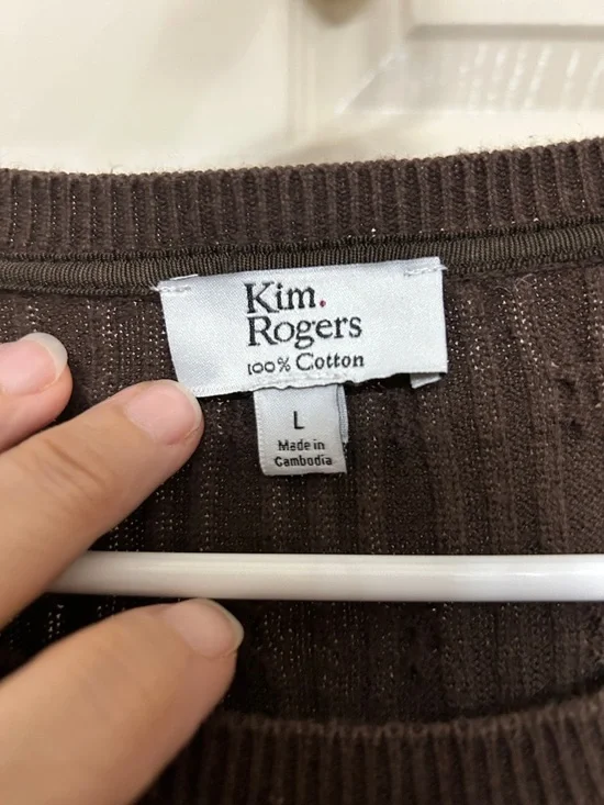 Kim Rogers Chocolate Brown Cotton Cable Knit Button Shoulder Crewneck Sweater L - Picture 2 of 15